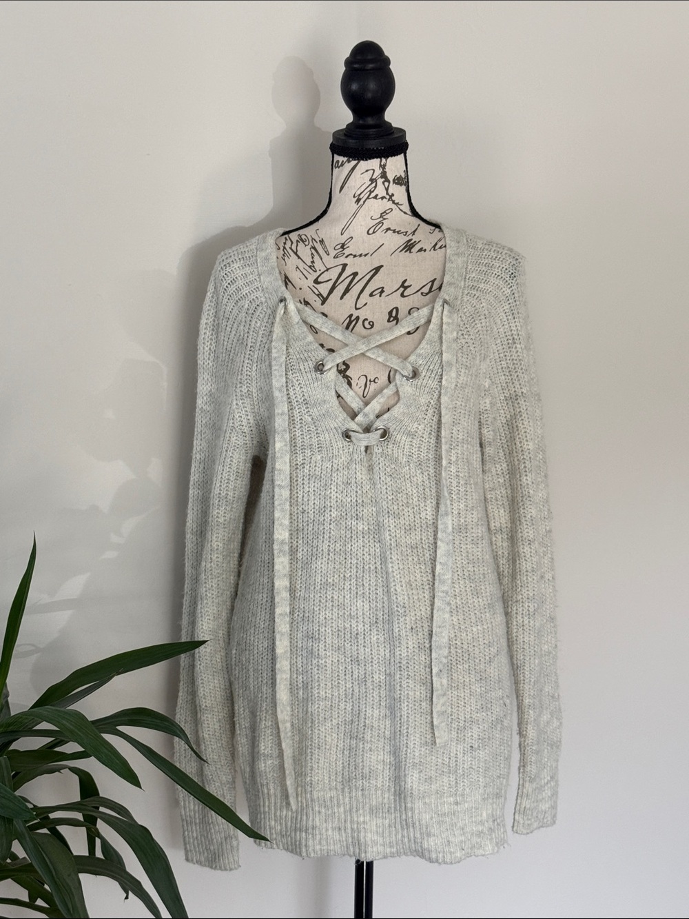 Lace-Up V-Neck Knit Sweater - Light Gray